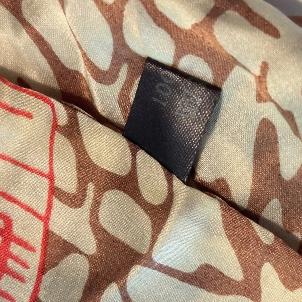 100% Silk Calligraphy Print Scarf Tan Brown Black Red Tassel Fringe Rectangular